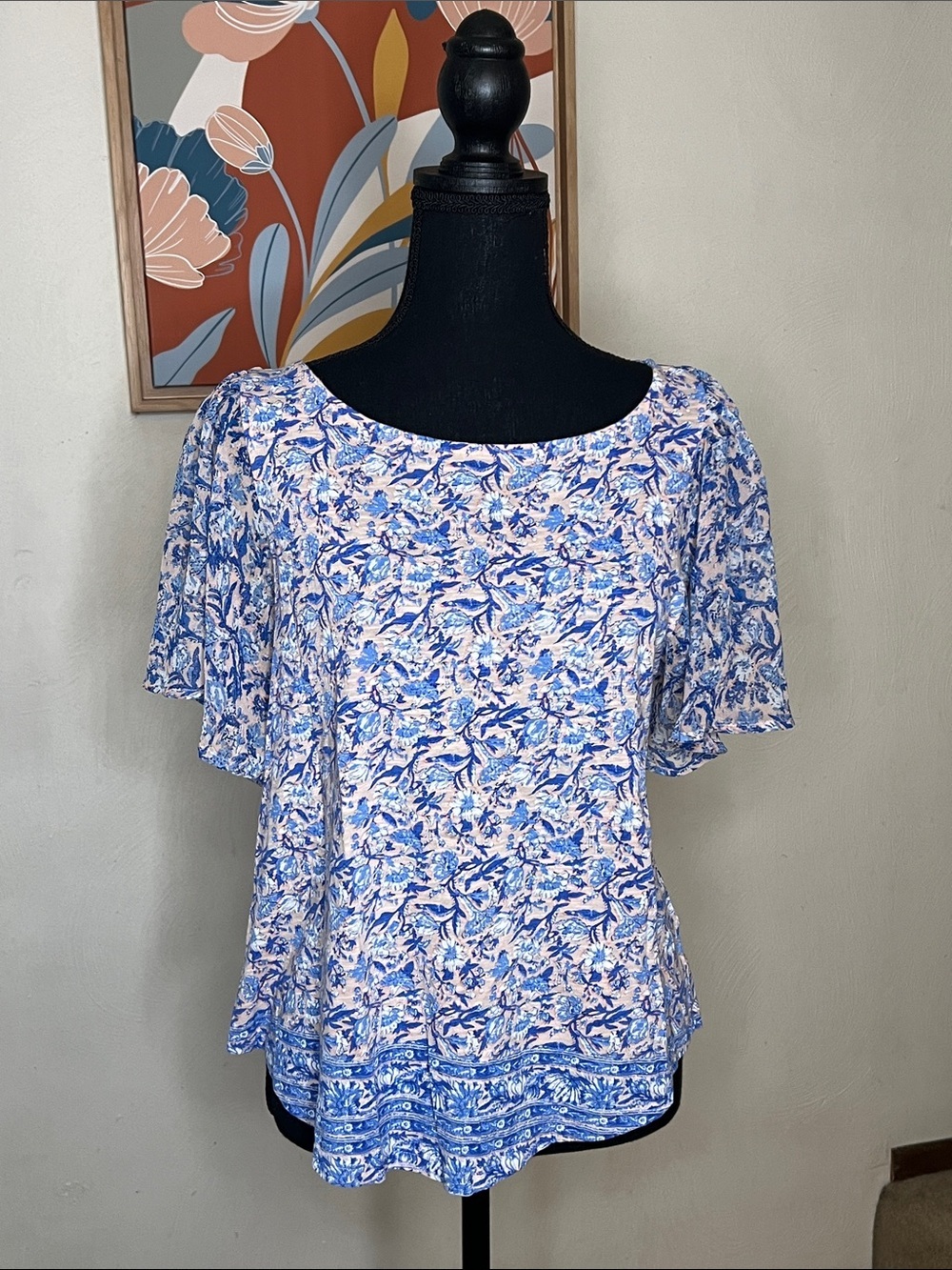 Lucky Brand Blue Floral Flutter Sleeve Blouse Size M